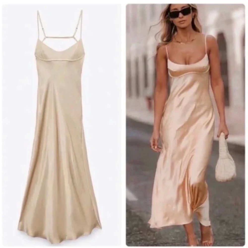Zara satin effect cut out dress midi in Tan NWT